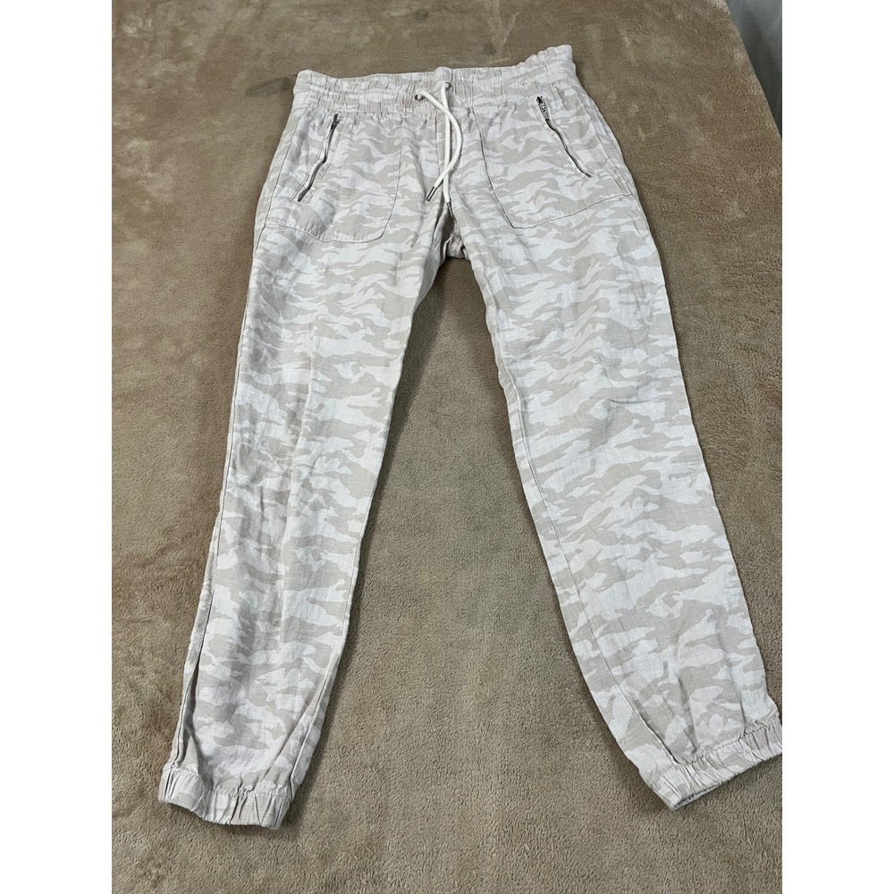 Athleta Cabo Linen Jogger Pants Women's 4 Beige White Camo Pull On Linen GOOD